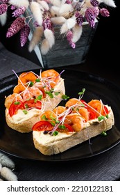 Bruschetta With Shrimp And Tomato. Italian Sandwich Bruschetta With Shrimps Served