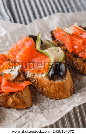 Similar – Image, Stock Photo Smoked Salmon on Baguette