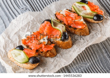 Similar – Image, Stock Photo Smoked Salmon on Baguette