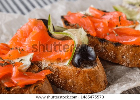 Similar – Image, Stock Photo Smoked Salmon on Baguette