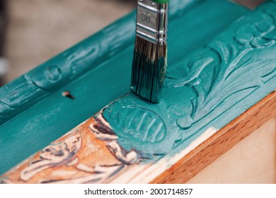 Brush With Blue Or Green Paint Macro Painting Old Wooden Furniture For Reuse, Eco-friendly Lifestyle. 