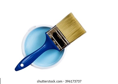 Brush And Blue Paint Jar With A Close-up On A White Background Top View