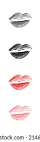 Brush drawn lips set. Minimal water colour lip icon, hand drawn grunge mouth symbol, rough stroke brush lips illustration