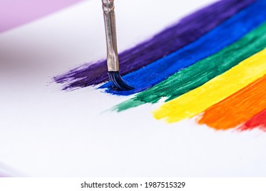 Brush Draws Rainbow Multicolored Strokes, Lgbt Symbol, Gay Pride, Paint Drawing, Closeup