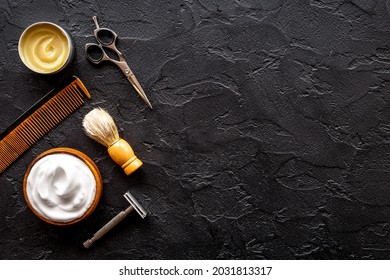 Brush Foam Shaver And Shaving Foam In Wooden Bowl, Top View