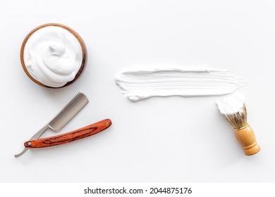 Brush Foam Shaver And Shaving Foam In Wooden Bowl, Top View