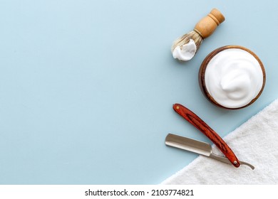 Brush Foam Shaver And Shaving Foam In Wooden Bowl, Top View