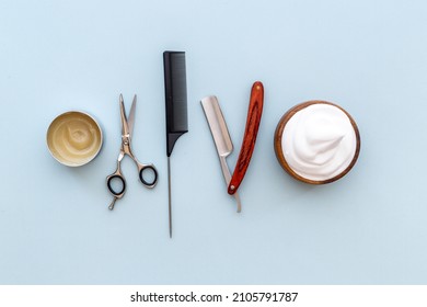 Brush Foam Shaver And Shaving Foam In Wooden Bowl, Top View