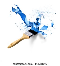 Brush Painting Splashing Dripping Blue Paint On White Background