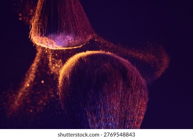 Brush powder explosion forms dense cloud, closeup of plume and tiny particles with red and blue rim lighting editorial test shot capturing dramatic airborne dust, high
