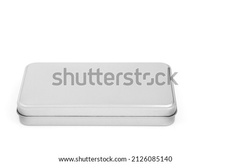 Brushed metal silver grey rectangular shaped box on white background. Copy space.