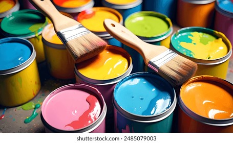 brushes lying on multicolored paint cans. - Powered by Shutterstock