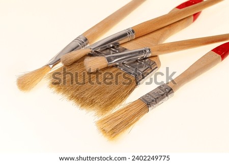 Brushes with white hairs and different calibers in a horizontal position and on a white background.
