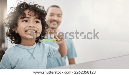 Brushing teeth, kid and boy with dental hygiene with father as child development in the bathroom for health and care. Young, mockup and toddler cleaning his oral or mouth in the mirror with dad