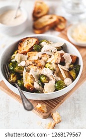 Brussel Sprouts Cesar Salad With Grilled Chicken And Crouton