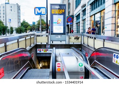 Brussels, Belgium, 10/12/2019: Entrance To The Subway In The City Center.