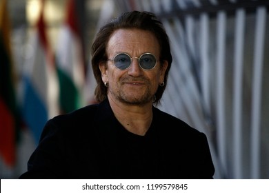 Brussels, Belgium. 10th October, 2018. Donald Tusk, the President of the European Council welcomes Bono, U2 singer and co-founder of the One campaign at European Council headquarters