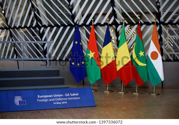 Brussels, Belgium. 14th May 2019. Interior view\
of EU Council during  EU/G5 Sahel Foreign Affairs and Defense\
meeting in Brussels,\
Belgium