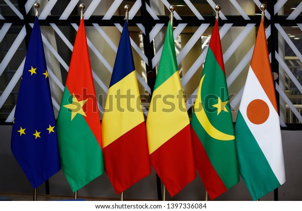 Brussels, Belgium. 14th May 2019. Interior view\
of EU Council during  EU/G5 Sahel Foreign Affairs and Defense\
meeting in Brussels,\
Belgium