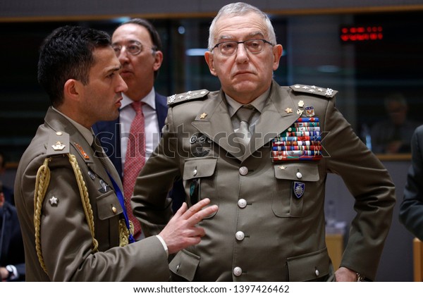 Brussels, Belgium.\
14th May 2019. The Chairman of the EU Military Committee (EUMC),\
General Claudio Graziano attends  in meeting of EU defense\
ministers at the EU headquarters.\
