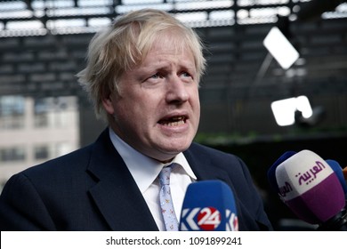 Brussels, Belgium. 15th May 2018.  Britain's Foreign Secretary Boris Johnson arrives at a meeting on Iran Nuclear deal. 