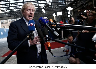 Brussels, Belgium. 15th May 2018.  Britain's Foreign Secretary Boris Johnson arrives at a meeting on Iran Nuclear deal. 