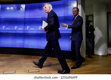 Brussels, Belgium. 15th November 2018. EU Brexit chief negociator Michel Barnier and EU President Donald Tusk give a press conference after presenting the draft agreement of the withdrawal of the UK.