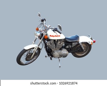 Brussels, Belgium - 17 February 2018: White Harley Davidson Motorcycle Isolated On Grey-blue Background. 