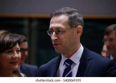 Brussels, Belgium. 17th May 2019. Finance Minister Of Hungary Mihaly Varga Arrives To Attend In An Economic And Financial Affairs Council At The European Council Headquarters.