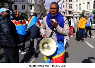 Brussels, Belgium. 17th September 2019. People Hold Signs And Shout Slogans As They Protest The State Visit Of President Of The Democratic Republic Of Congo Felix Tshisekedi.