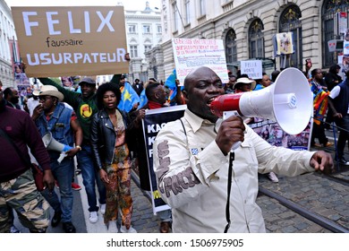 Brussels, Belgium. 17th September 2019. People Hold Signs And Shout Slogans As They Protest The State Visit Of President Of The Democratic Republic Of Congo Felix Tshisekedi.