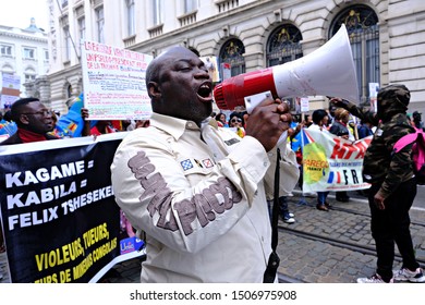 Brussels, Belgium. 17th September 2019. People Hold Signs And Shout Slogans As They Protest The State Visit Of President Of The Democratic Republic Of Congo Felix Tshisekedi.