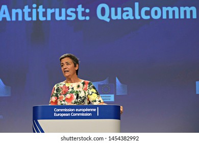 Brussels, Belgium. 18th Jul. 2019. EU Commissioner For Competition Margrethe Vestager Gives A Press Briefing On An Antitrust Decision On Qualcomm.