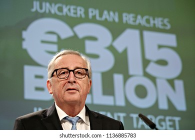 Brussels, Belgium. 18th July 2018.EU Commission President Jean-Claude Juncker Speaks During A Joint News Conference With EU Investment Bank President Werner Hoyer