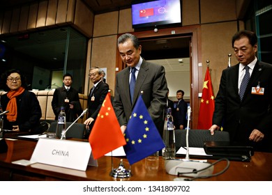 Brussels, Belgium. 18th March, 2019. Chinese Minister of Foreign Affairs WANG Yi and  EU Commissioner Federica MOGHERINI ahead of a meeting on EU-China High-Level Strategic Dialogue
