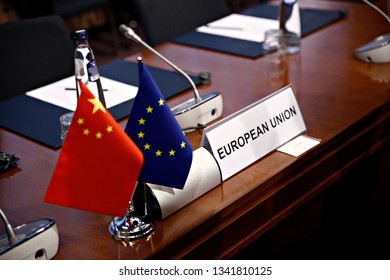 Brussels, Belgium. 18th March, 2019. Flag Of EU And Flag Of China Stand In European Council Offices.