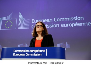 Brussels, Belgium. 18th September 2018.  European Commissioner For Trade Cecilia Malmstrom Gives A Press Conference On WTO Reform And The Alliance For Torture-Free Trade. 