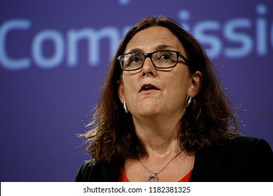 Brussels, Belgium. 18th September 2018.  European Commissioner For Trade Cecilia Malmstrom Gives A Press Conference On WTO Reform And The Alliance For Torture-Free Trade. 