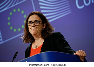 Brussels, Belgium. 18th September 2018.  European Commissioner For Trade Cecilia Malmstrom Gives A Press Conference On WTO Reform And The Alliance For Torture-Free Trade. 