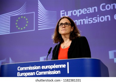 Brussels, Belgium. 18th September 2018.  European Commissioner For Trade Cecilia Malmstrom Gives A Press Conference On WTO Reform And The Alliance For Torture-Free Trade. 