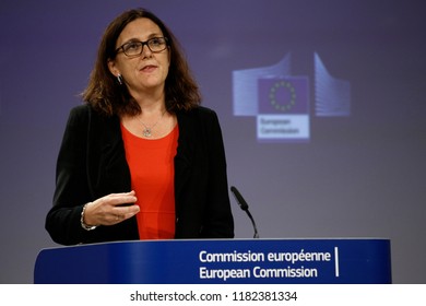 Brussels, Belgium. 18th September 2018.  European Commissioner For Trade Cecilia Malmstrom Gives A Press Conference On WTO Reform And The Alliance For Torture-Free Trade. 