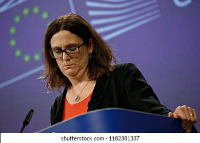 Brussels, Belgium. 18th September 2018.  European Commissioner For Trade Cecilia Malmstrom Gives A Press Conference On WTO Reform And The Alliance For Torture-Free Trade. 