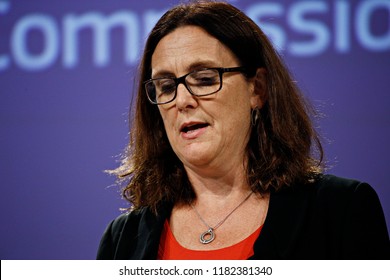 Brussels, Belgium. 18th September 2018.  European Commissioner For Trade Cecilia Malmstrom Gives A Press Conference On WTO Reform And The Alliance For Torture-Free Trade. 