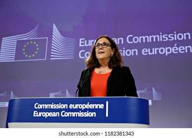 Brussels, Belgium. 18th September 2018.  European Commissioner For Trade Cecilia Malmstrom Gives A Press Conference On WTO Reform And The Alliance For Torture-Free Trade. 