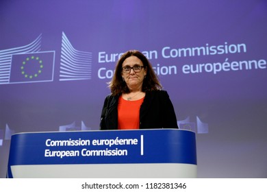 Brussels, Belgium. 18th September 2018.  European Commissioner For Trade Cecilia Malmstrom Gives A Press Conference On WTO Reform And The Alliance For Torture-Free Trade. 