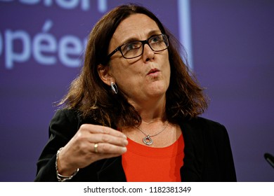 Brussels, Belgium. 18th September 2018.  European Commissioner For Trade Cecilia Malmstrom Gives A Press Conference On WTO Reform And The Alliance For Torture-Free Trade. 