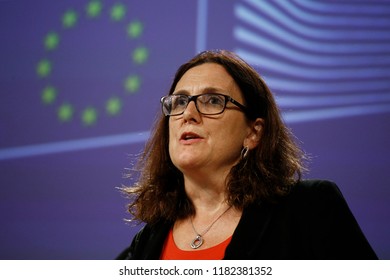 Brussels, Belgium. 18th September 2018.  European Commissioner For Trade Cecilia Malmstrom Gives A Press Conference On WTO Reform And The Alliance For Torture-Free Trade. 