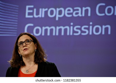 Brussels, Belgium. 18th September 2018.  European Commissioner For Trade Cecilia Malmstrom Gives A Press Conference On WTO Reform And The Alliance For Torture-Free Trade. 