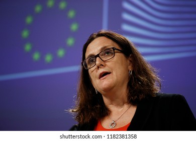 Brussels, Belgium. 18th September 2018.  European Commissioner For Trade Cecilia Malmstrom Gives A Press Conference On WTO Reform And The Alliance For Torture-Free Trade. 