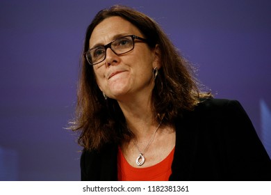 Brussels, Belgium. 18th September 2018.  European Commissioner For Trade Cecilia Malmstrom Gives A Press Conference On WTO Reform And The Alliance For Torture-Free Trade. 